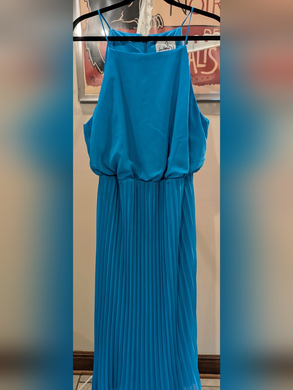$20 Sam Edelman 14 Pleated Chiffon Halter Blouson Midi Dress Turquoise Blue EUC